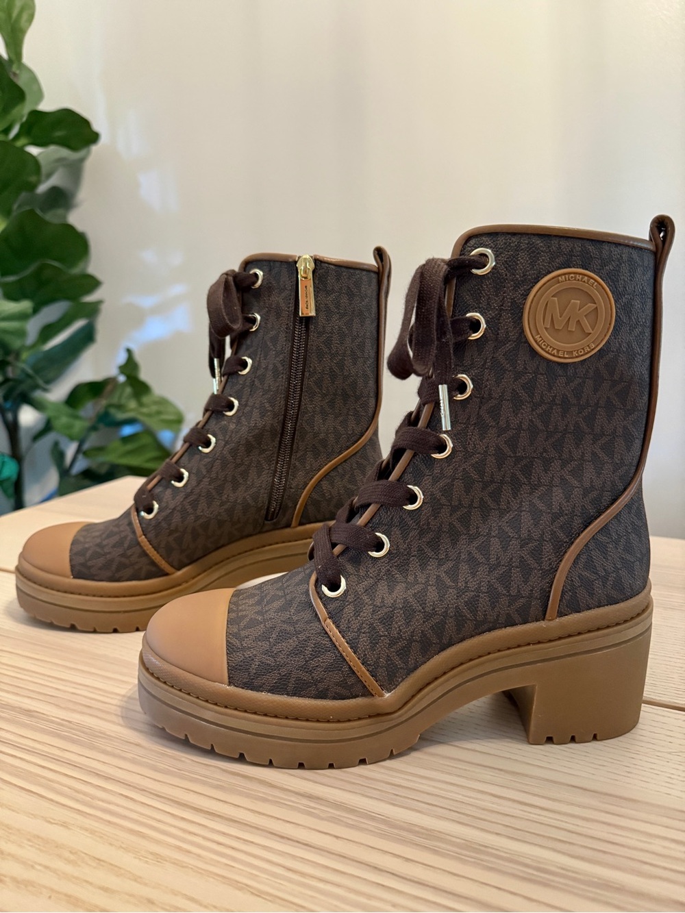 Michael Kors Corey MK Logo Combat Boots Brown Monogram Women’s 7.5 NWOT